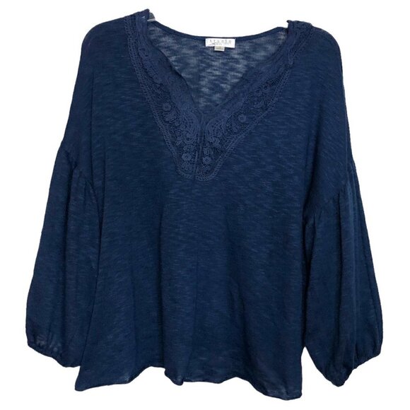 Studio Sweaters - STUDIO Deep Blue Lightweight V-Neck Sweater w/ Lace Detail at Neckline - Size 1X